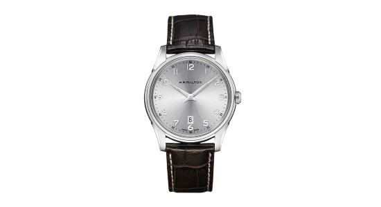 a silver watch with a silver dial and alligator strap by Hamilton