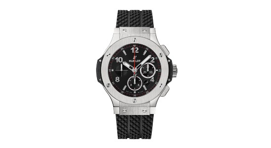a silver and black watch by Hublot with two subdials