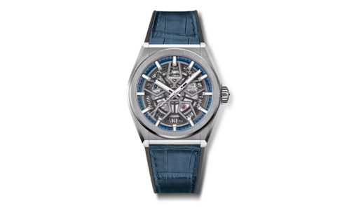 An intricate Zenith Defy watch with blue details, available at Hing Wa Lee Jewelers.