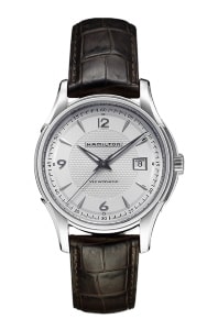 a Hamilton Jazzmaster automatic watch with a white dial and leather strap.