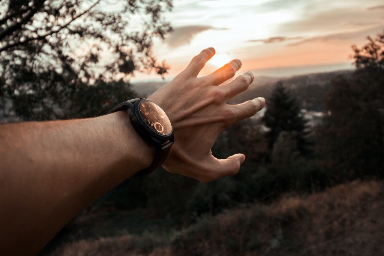 An arm outstretched towards greenery and mountains, wearing a black watch