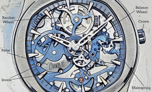 A colorful sketch diagram of a luxury watch with a skeleton dial, with six parts of the mechanical movement indicated by text and connecting lines.