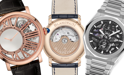 A close-up of three luxury watches, one each from Cartier, Blancpain, and Zenith, their mechanical movements visible through their cases.