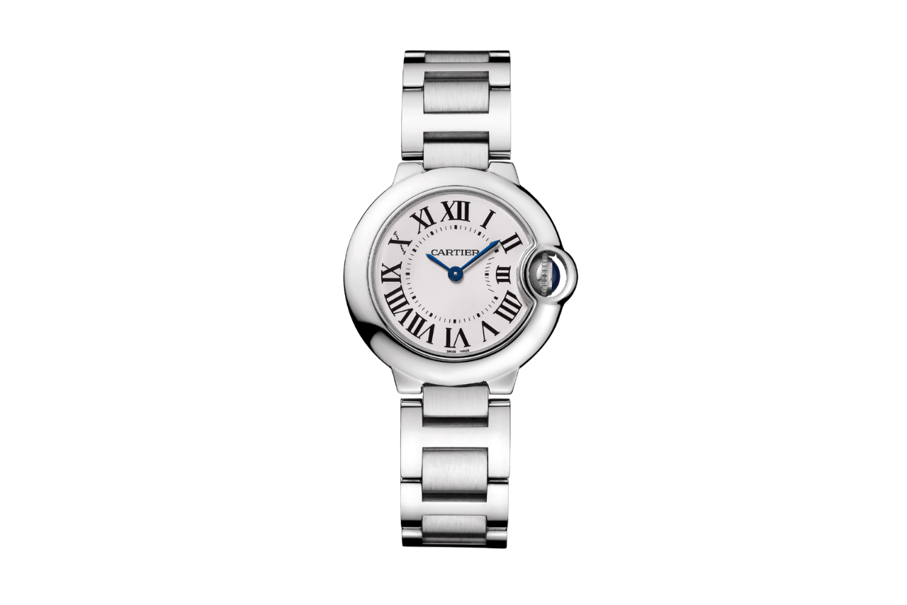 A stunning silver watch with a white watchface and roman numerals.
